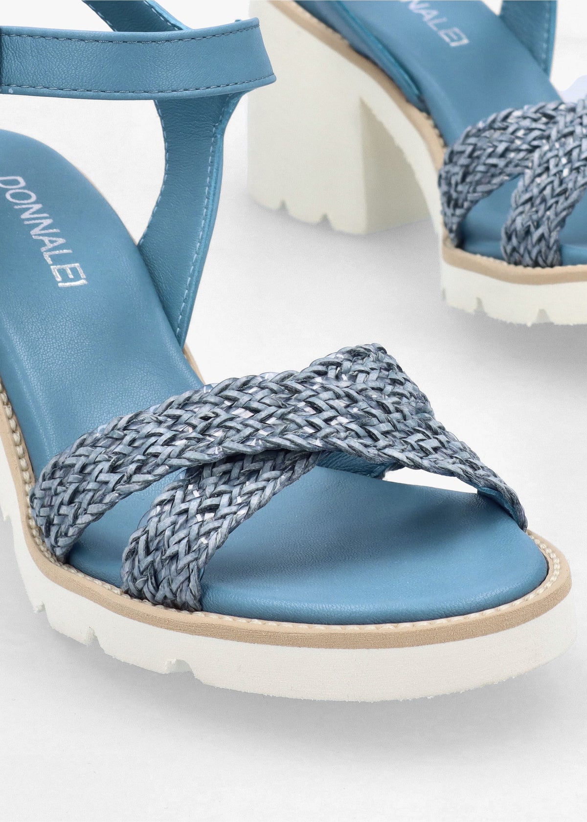 Bali Blue Leather Woven Block Heel Sandals