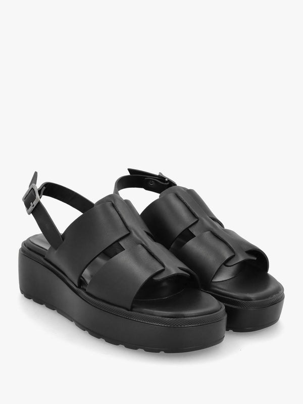 Ashling Black Leather Lattice Low Wedge Sandals