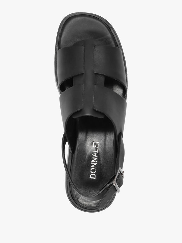 Ashling Black Leather Lattice Low Wedge Sandals