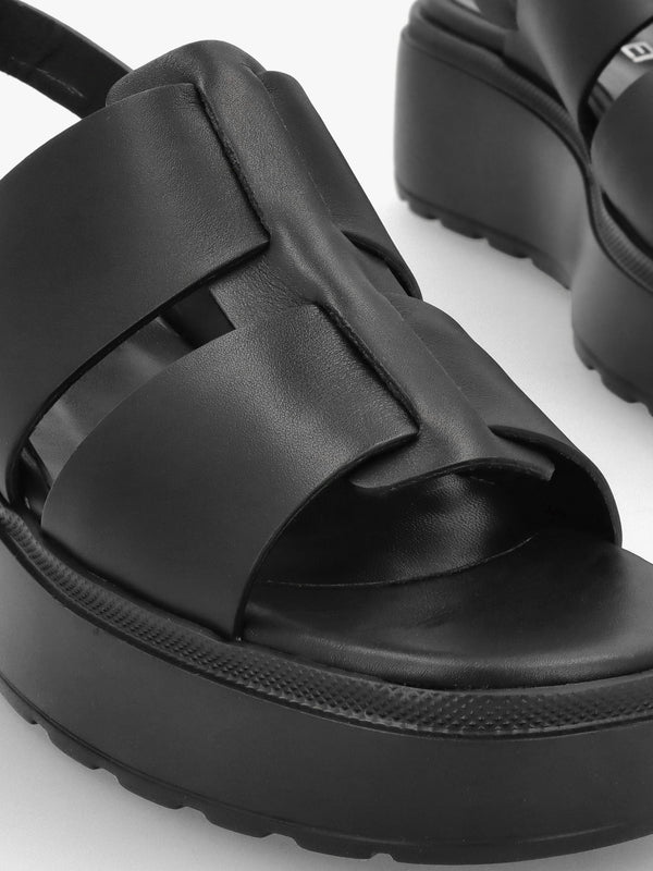Ashling Black Leather Lattice Low Wedge Sandals