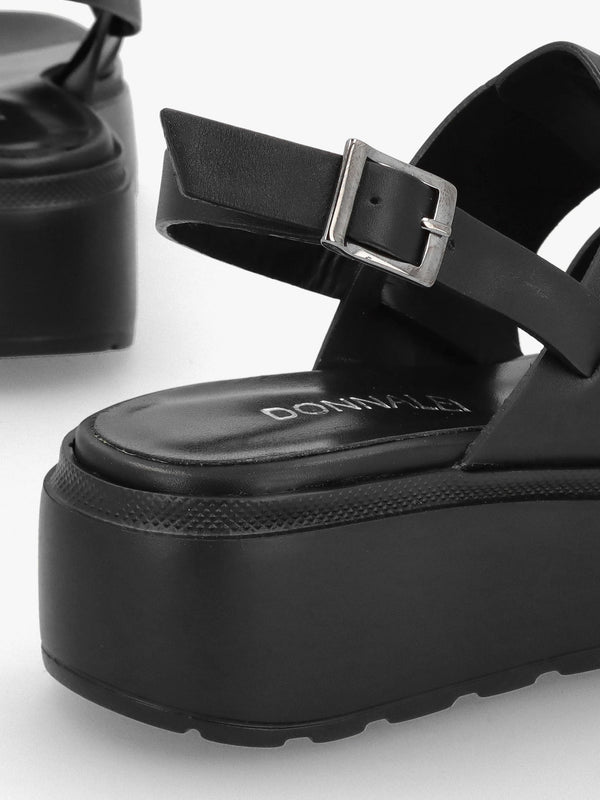 Ashling Black Leather Lattice Low Wedge Sandals