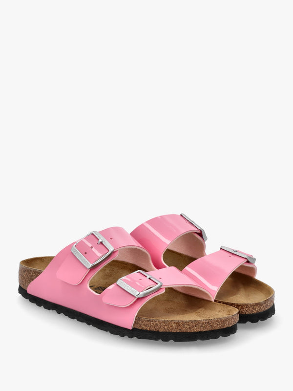 Arizona Birko-Flor Patent Candy Pink Black Two Bar Mules