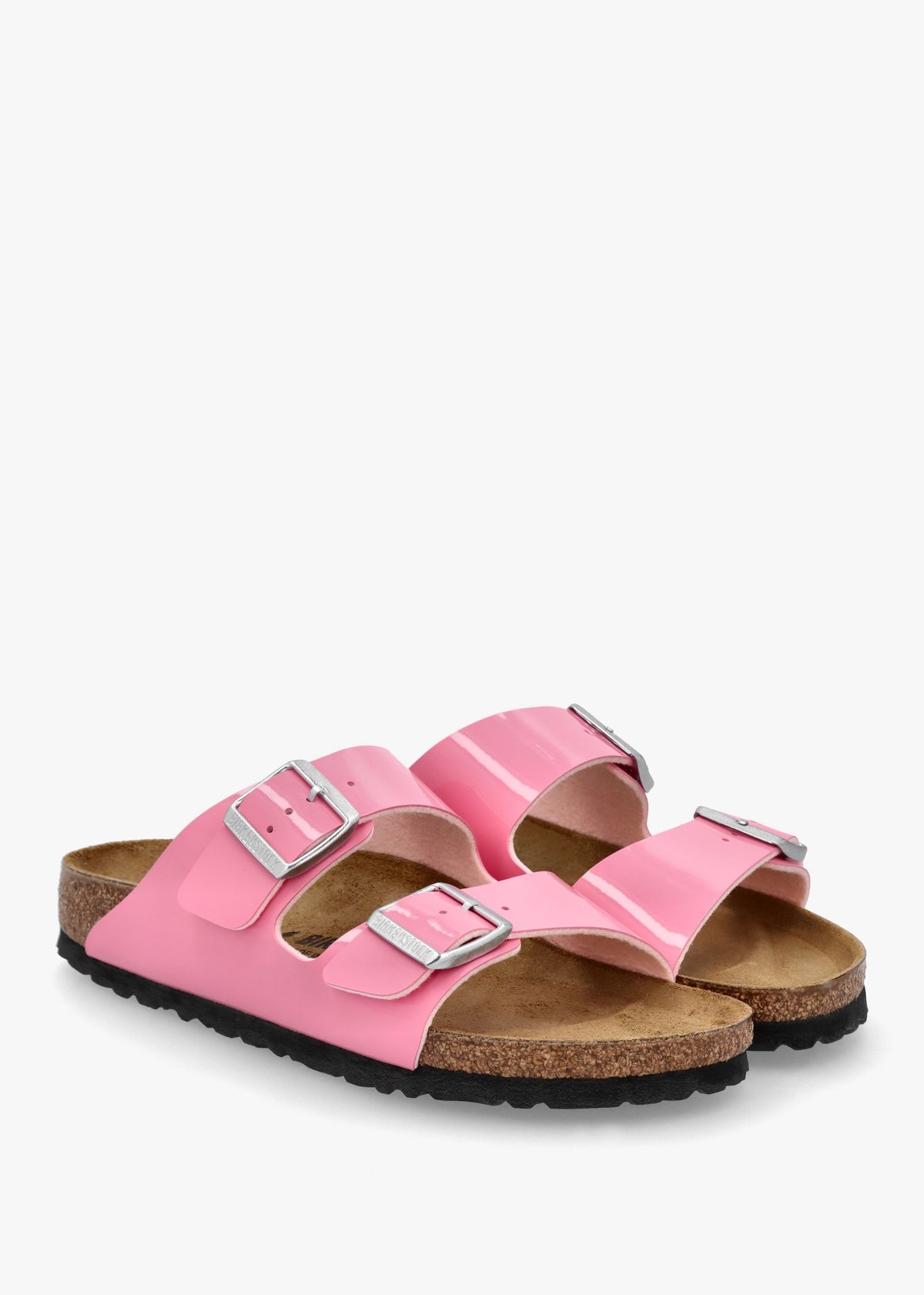 Arizona Birko-Flor Patent Candy Pink Black Two Bar Mules