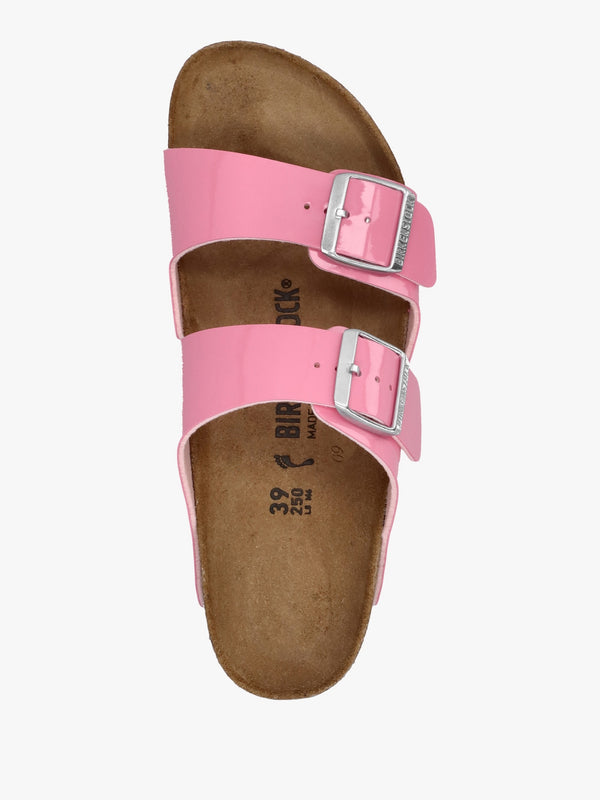 Arizona Birko-Flor Patent Candy Pink Black Two Bar Mules