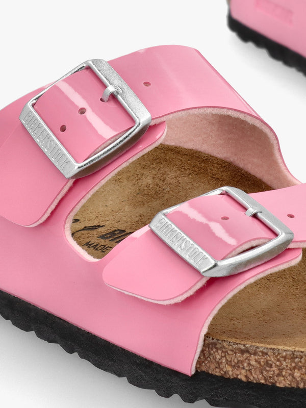 Arizona Birko-Flor Patent Candy Pink Black Two Bar Mules