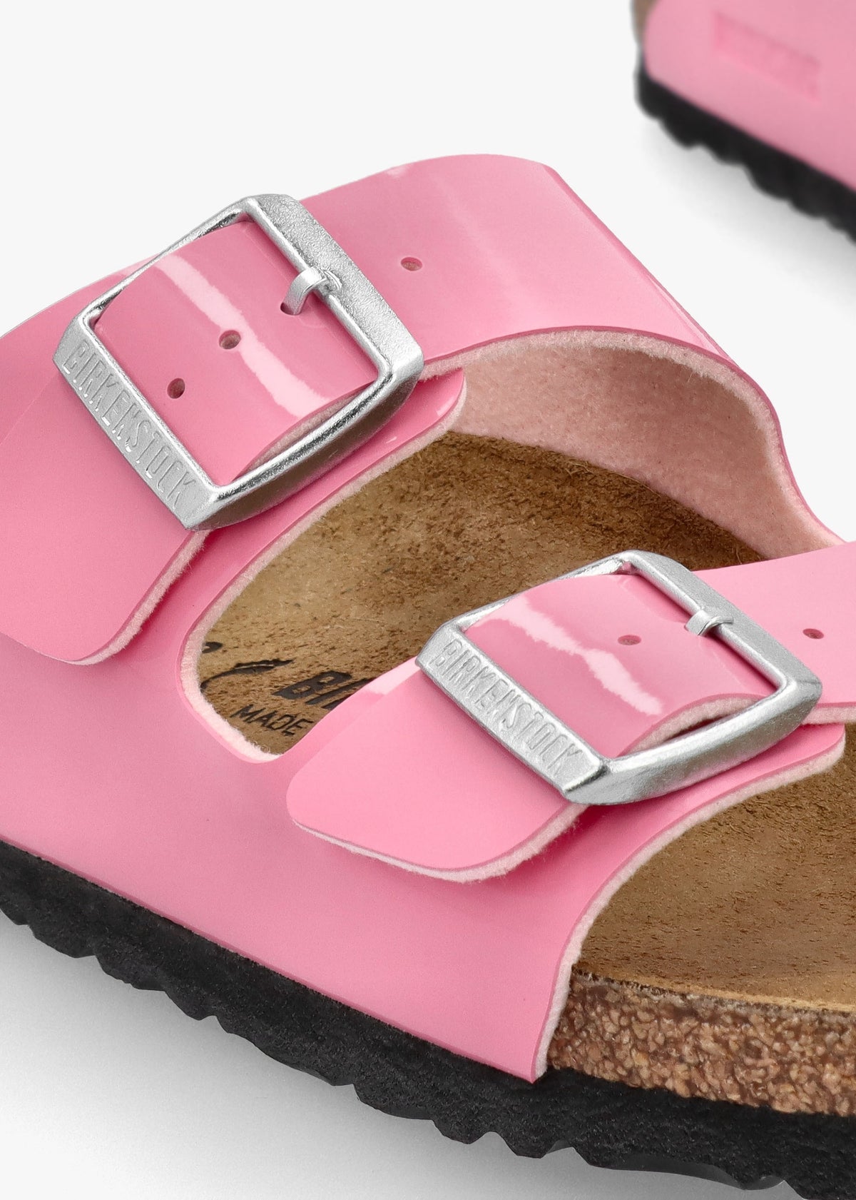 Arizona Birko-Flor Patent Candy Pink Black Two Bar Mules