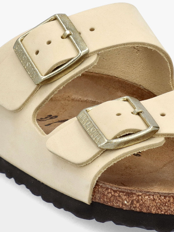 Arizona Ecru Nubuck Leather Two Bar Mules
