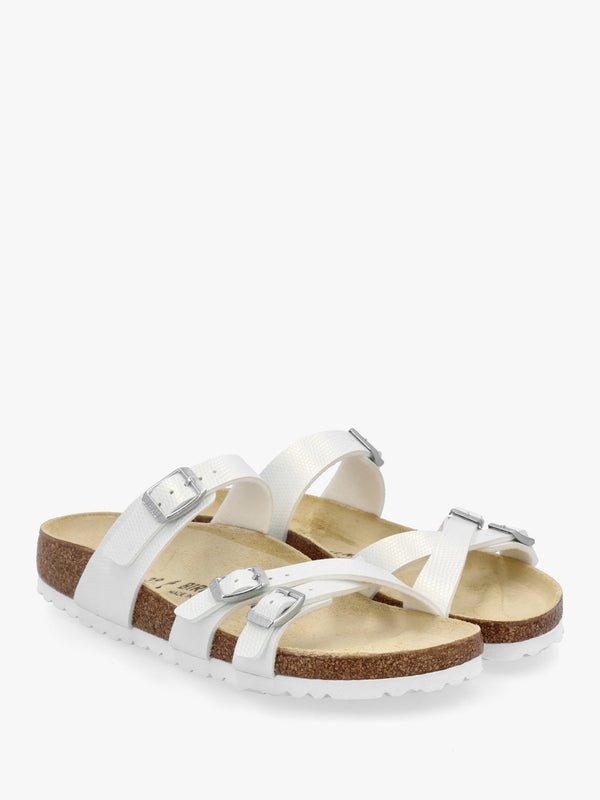 Franca Birko-Flor Embossed Shiny Lizard White Cross Strap Mules