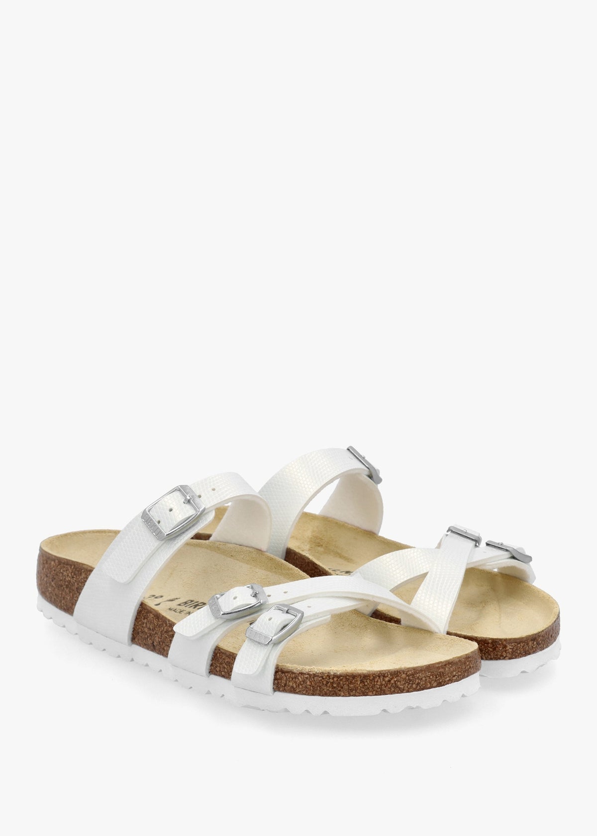 Franca Birko-Flor Embossed Shiny Lizard White Cross Strap Mules