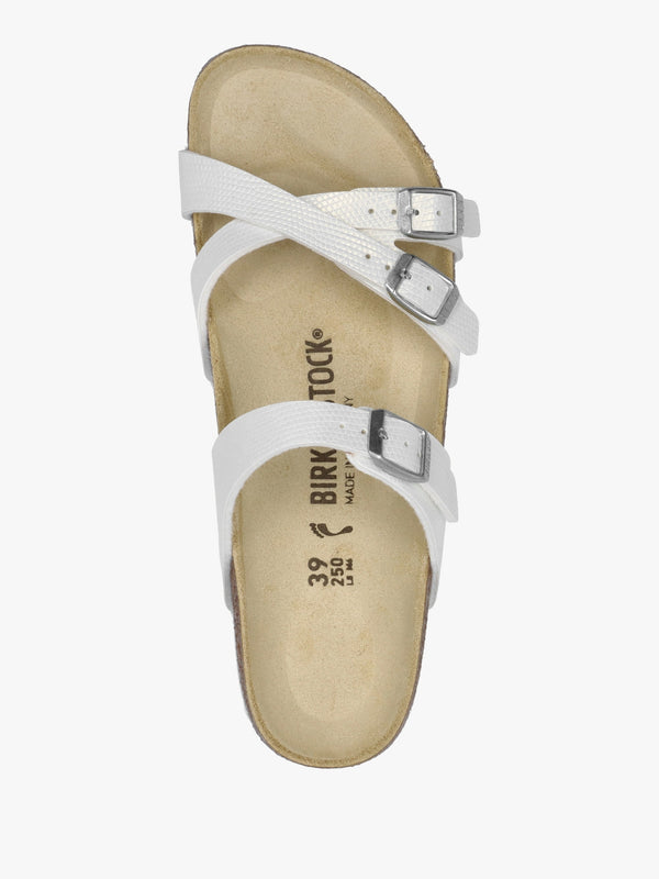 Franca Birko-Flor Embossed Shiny Lizard White Cross Strap Mules