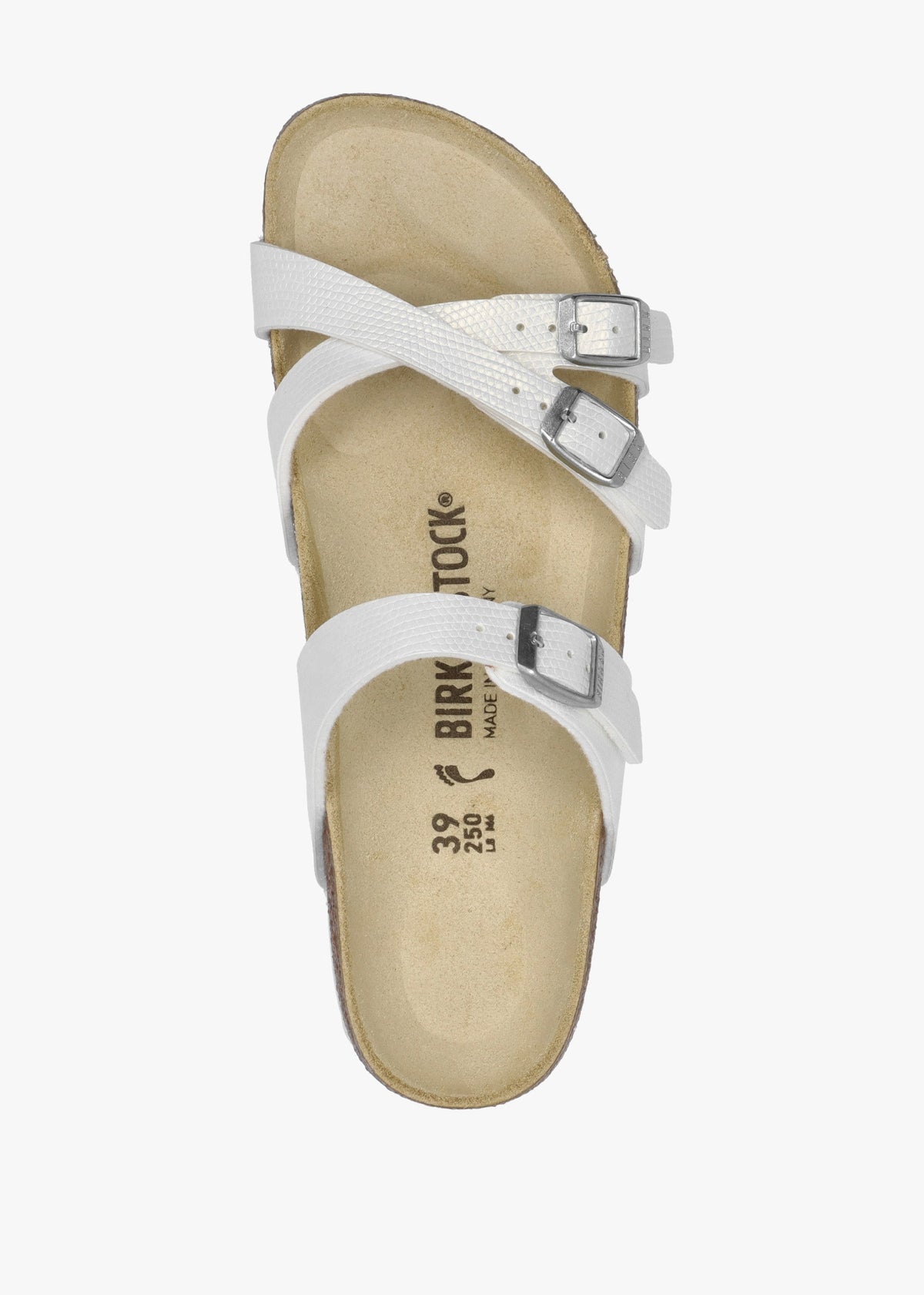 Franca Birko-Flor Embossed Shiny Lizard White Cross Strap Mules