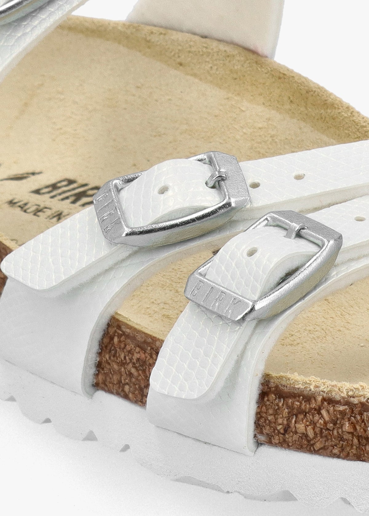 Franca Birko-Flor Embossed Shiny Lizard White Cross Strap Mules
