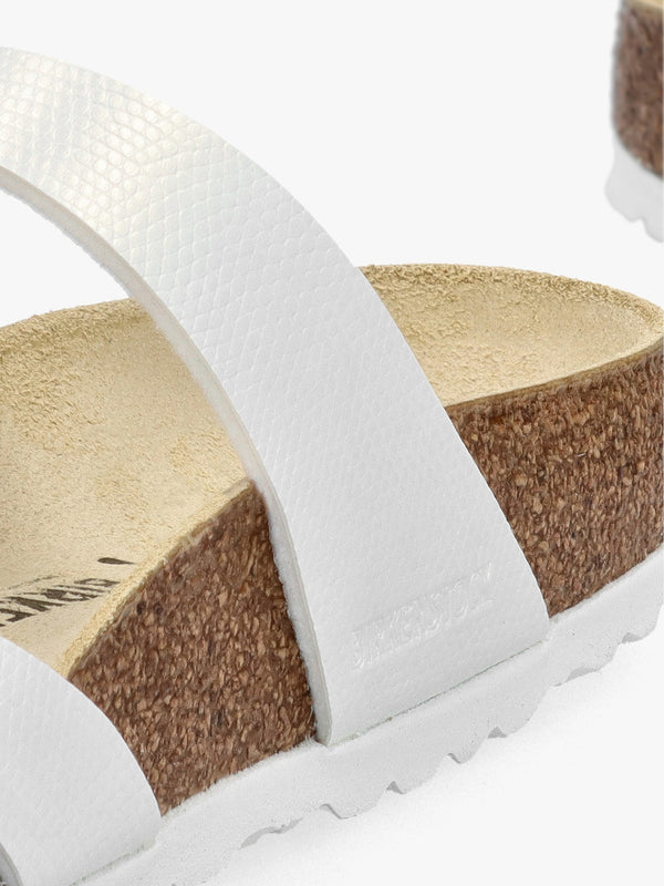 Franca Birko-Flor Embossed Shiny Lizard White Cross Strap Mules