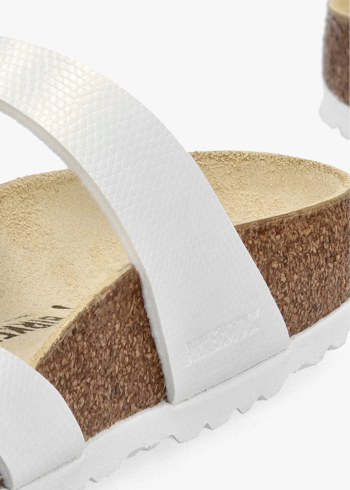 Franca Birko-Flor Embossed Shiny Lizard White Cross Strap Mules