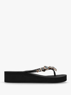 Black Embellished Toe Post Wedge Flip Flops