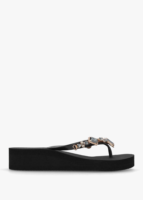 Black Embellished Toe Post Wedge Flip Flops