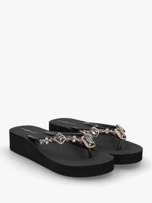 Black Embellished Toe Post Wedge Flip Flops