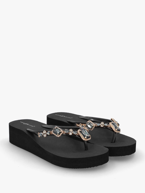 Black Embellished Toe Post Wedge Flip Flops