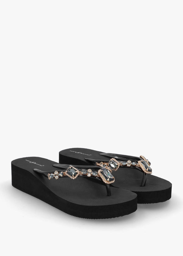 Black Embellished Toe Post Wedge Flip Flops