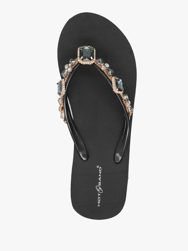 Black Embellished Toe Post Wedge Flip Flops