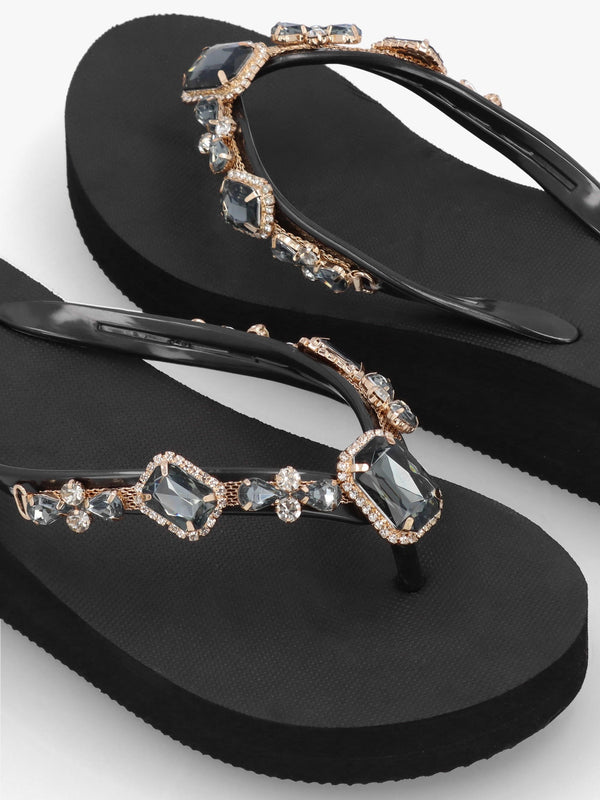 Black Embellished Toe Post Wedge Flip Flops
