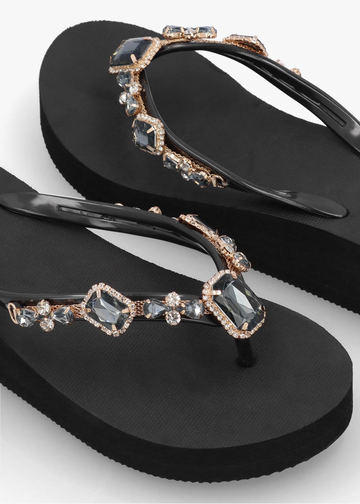 Black Embellished Toe Post Wedge Flip Flops