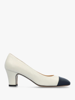 Akuna Cream Leather Block Heel Court Shoes