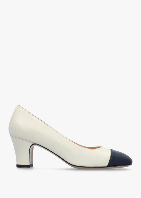 Akuna Cream Leather Block Heel Court Shoes