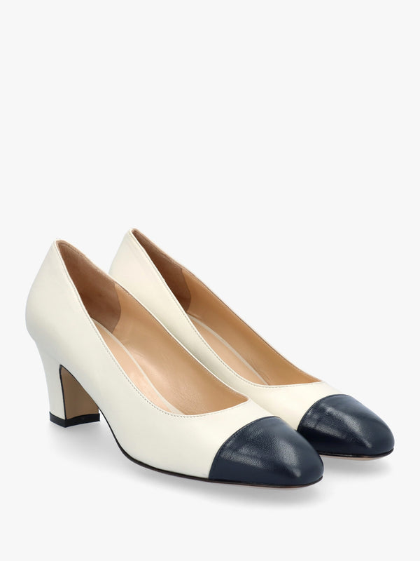 Akuna Cream Leather Block Heel Court Shoes