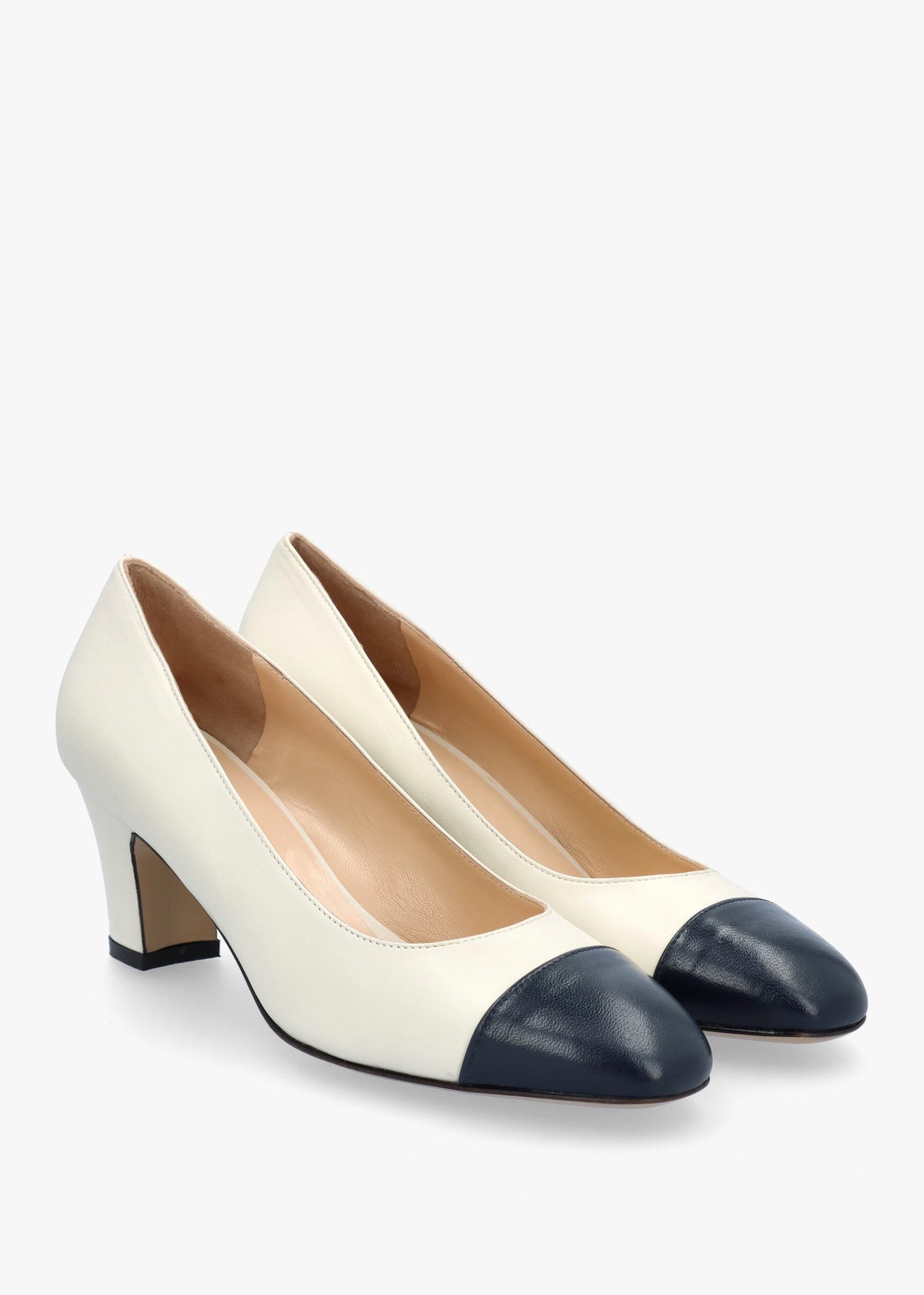Akuna Cream Leather Block Heel Court Shoes