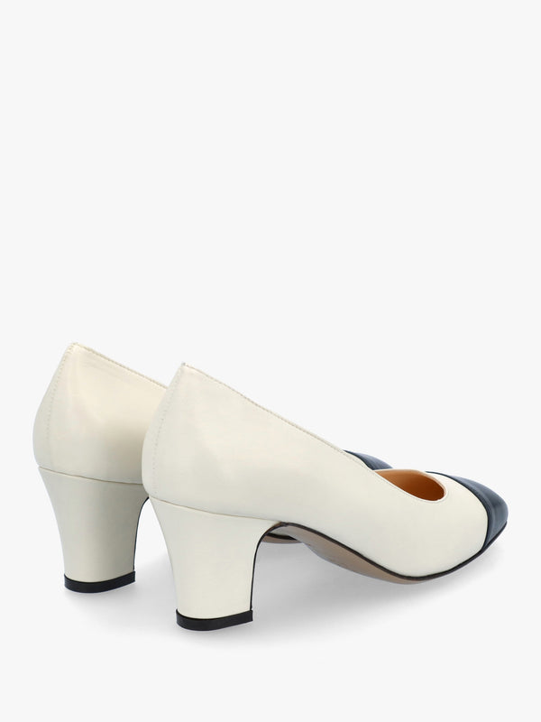 Akuna Cream Leather Block Heel Court Shoes