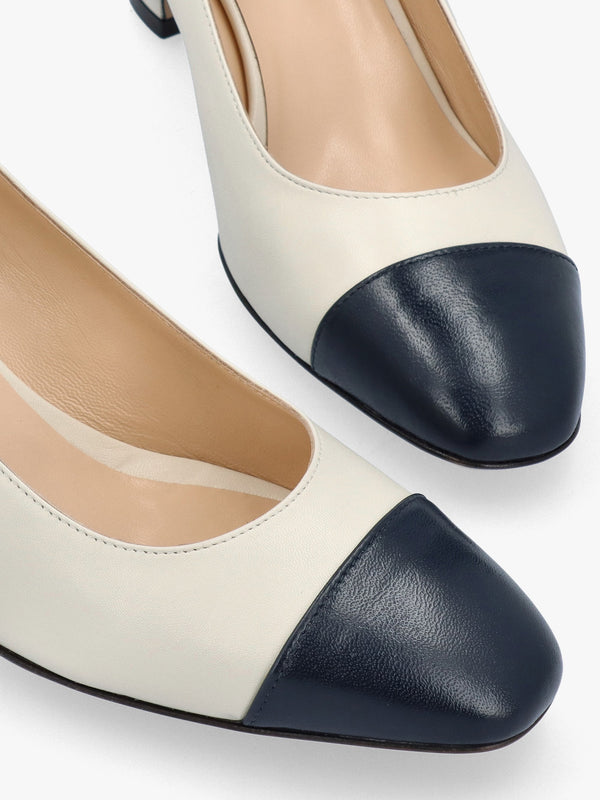 Akuna Cream Leather Block Heel Court Shoes