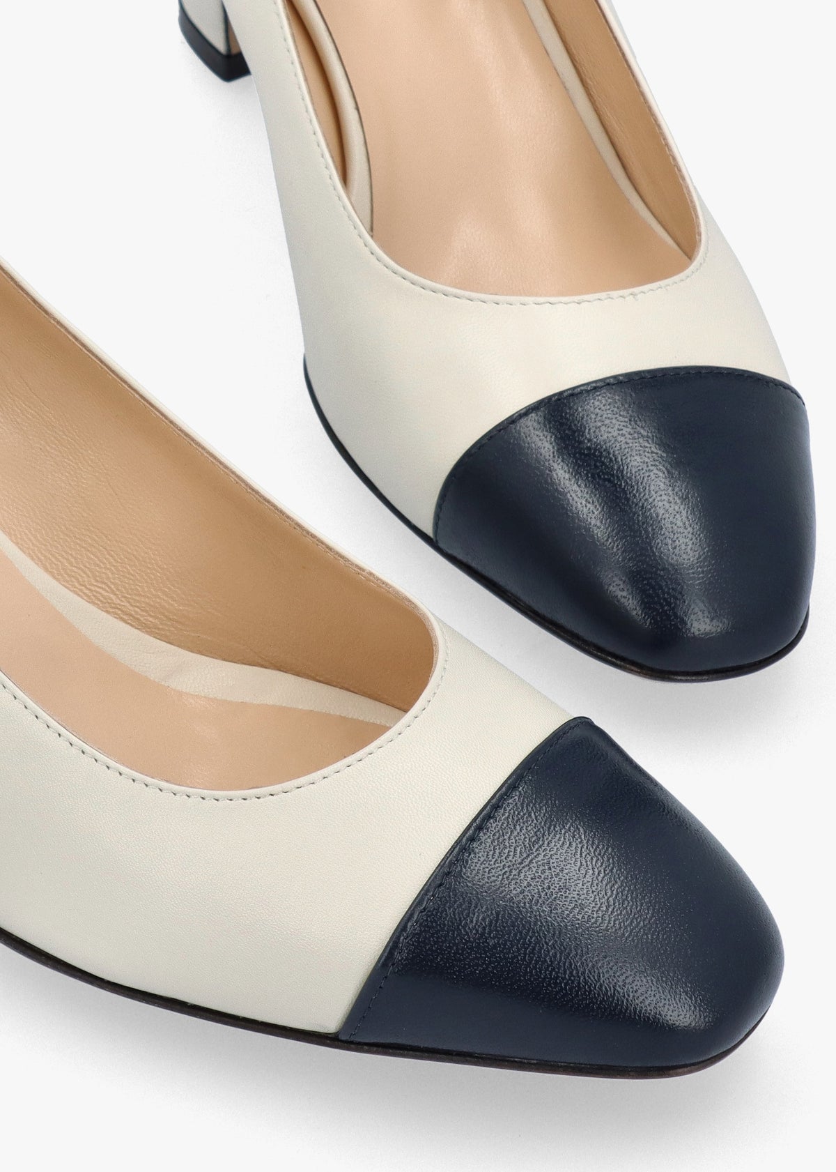 Akuna Cream Leather Block Heel Court Shoes