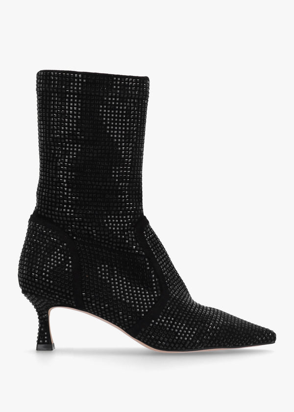 April Black Crystal Embellished Kitten Heel Ankle Boots