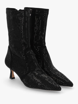 April Black Crystal Embellished Kitten Heel Ankle Boots