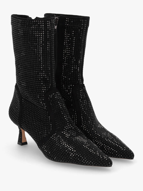 April Black Crystal Embellished Kitten Heel Ankle Boots