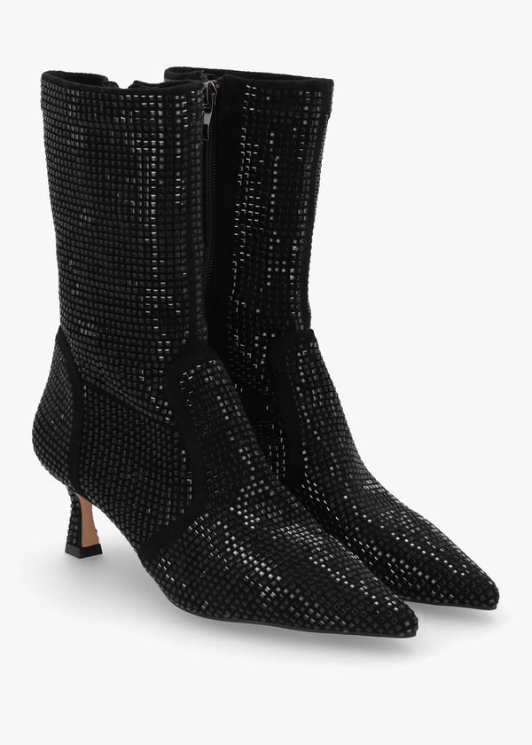 April Black Crystal Embellished Kitten Heel Ankle Boots