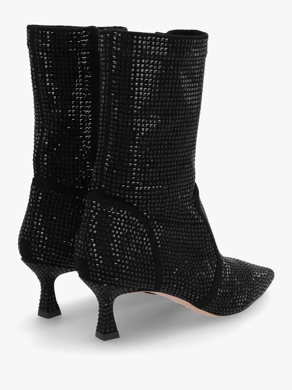 April Black Crystal Embellished Kitten Heel Ankle Boots