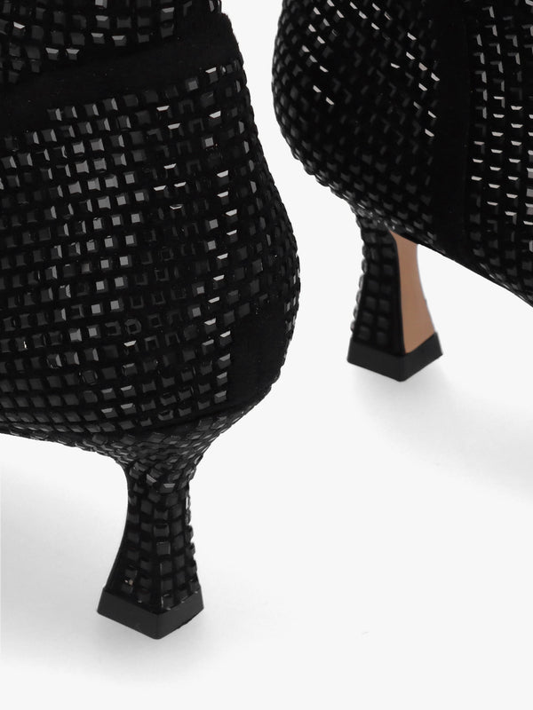 April Black Crystal Embellished Kitten Heel Ankle Boots