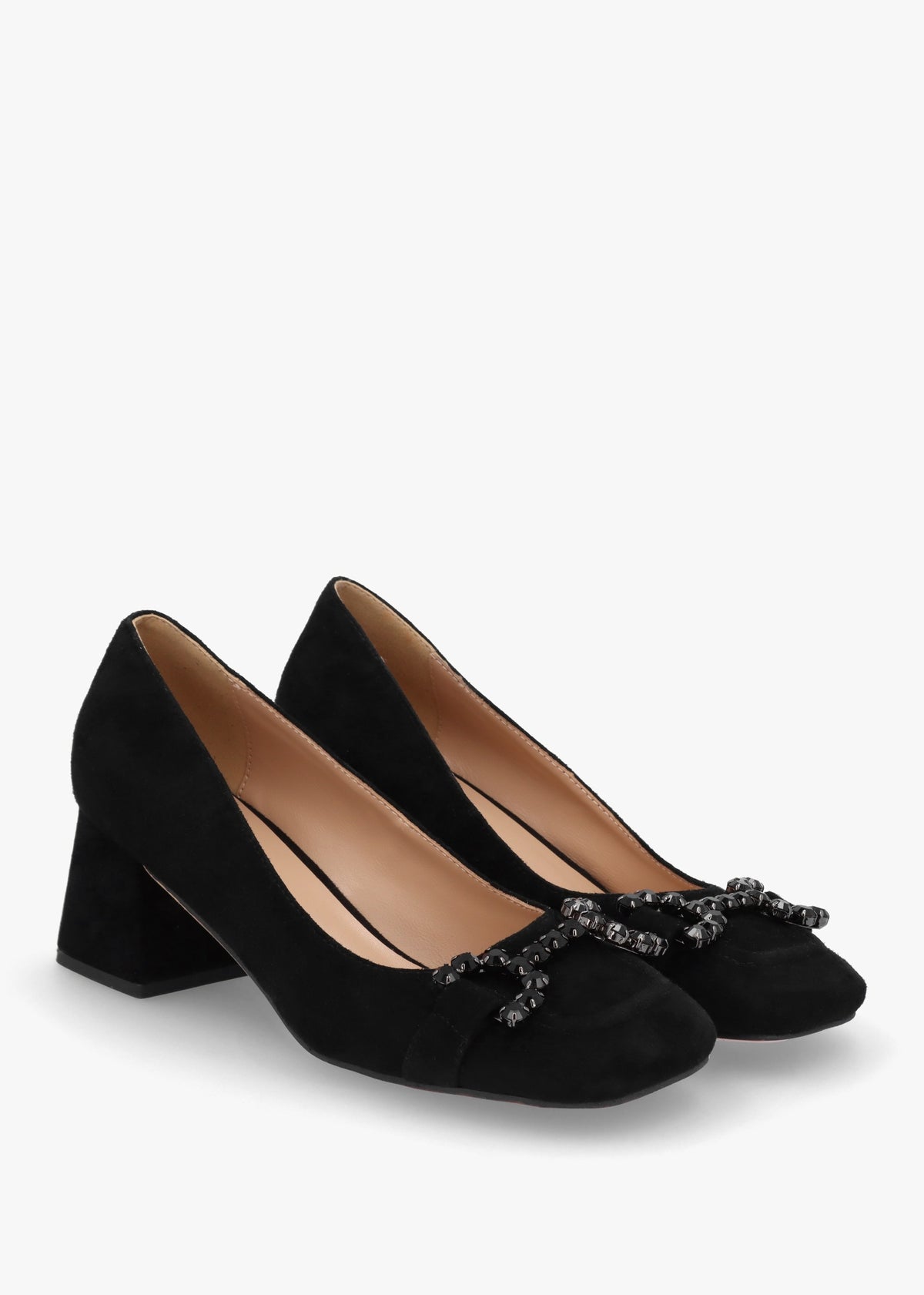 Athena Black Suede Crystal Bit Block Heel Court Shoes