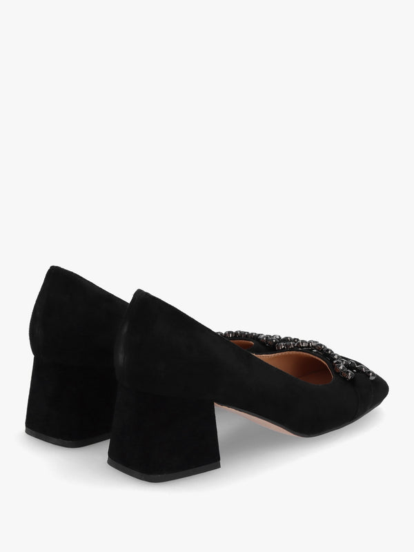 Athena Black Suede Crystal Bit Block Heel Court Shoes