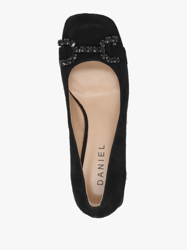 Athena Black Suede Crystal Bit Block Heel Court Shoes