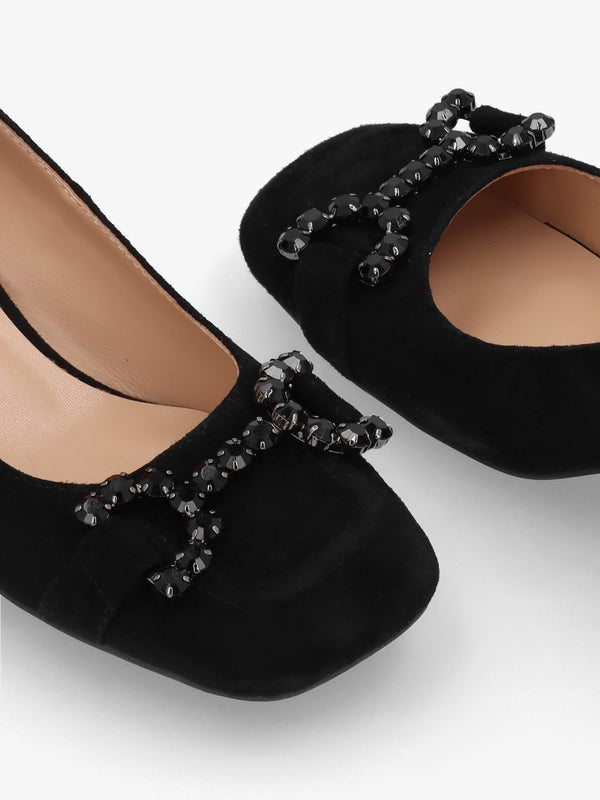 Athena Black Suede Crystal Bit Block Heel Court Shoes