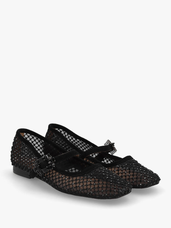 Alma Black Suede Crystal Mesh Mary Jane Pumps