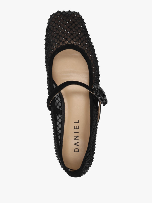 Alma Black Suede Crystal Mesh Mary Jane Pumps