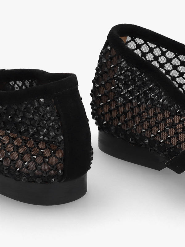 Alma Black Suede Crystal Mesh Mary Jane Pumps