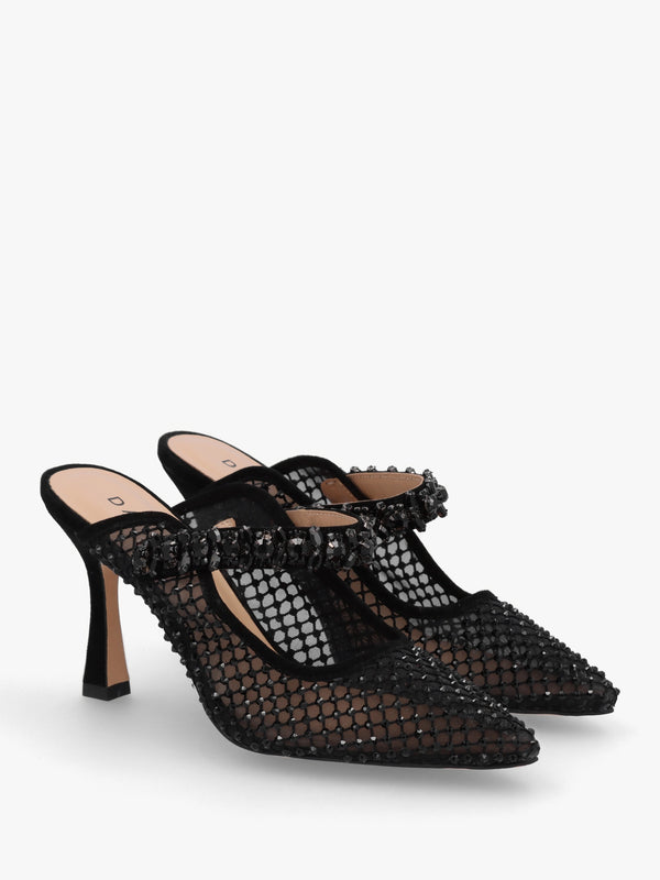 Alma Black Crystal Mesh Heeled Mary Janes