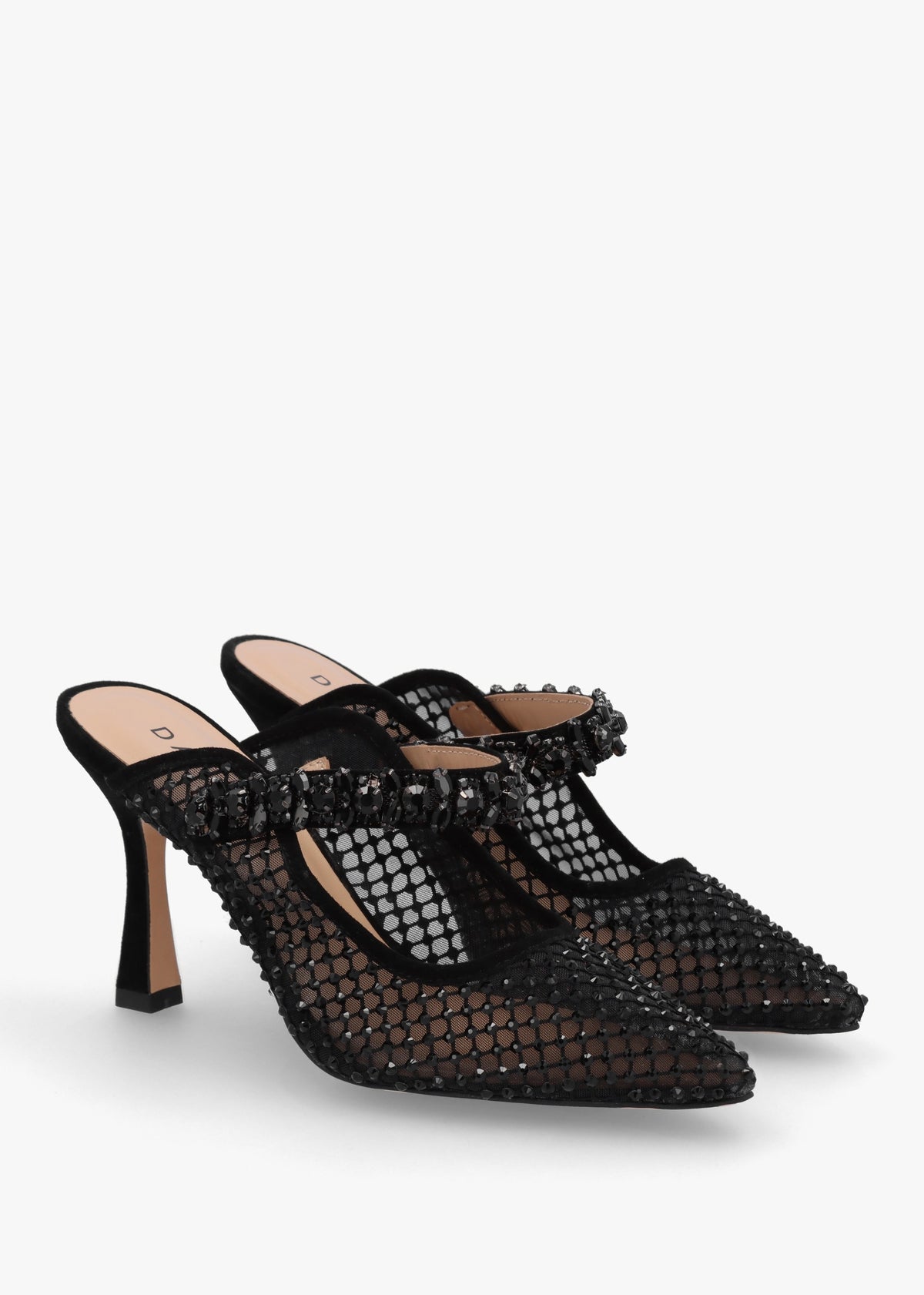 Alma Black Crystal Mesh Heeled Mary Janes
