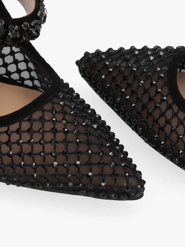 Alma Black Crystal Mesh Heeled Mary Janes