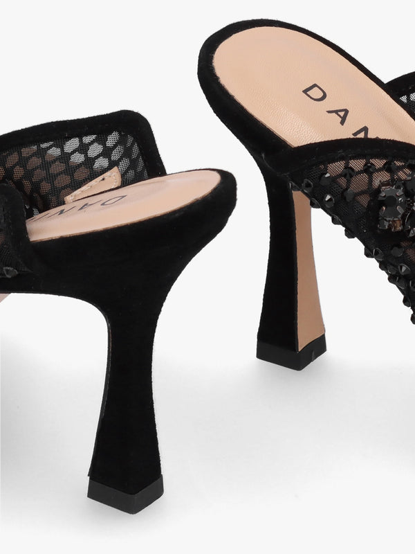 Alma Black Crystal Mesh Heeled Mary Janes